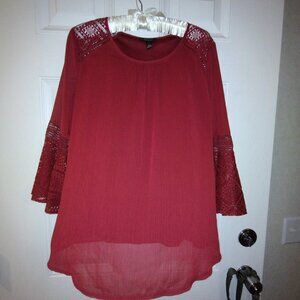 LADIES SHEER TOP WITH DAINTY BELL SLEEVES & CROCHET DETAIL